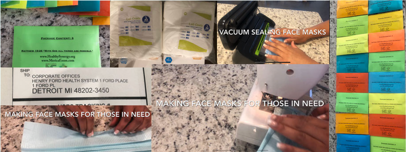 Collage showing Dr. Merica Esson making, vacuum-sealing, and packaging face masks for COVID-19 relief — shipped to Henry Ford Health System and communities nationwide